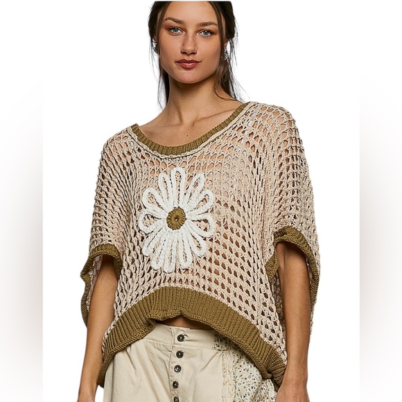 POL 🌼 Olive and Tan Cotton Blend Crochet Short Sleeve Floral Embroidered Top. - Picture 3 of 7